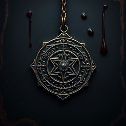 An intricate emblem from a secret society crafted in a gothic style, hanging from a detailed necklace chain