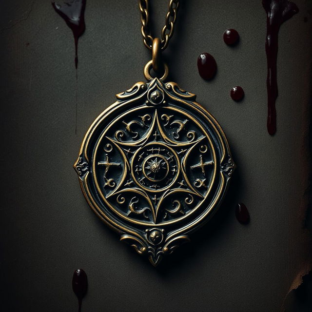 An intricate emblem from a secret society crafted in a gothic style, hanging from a detailed necklace chain