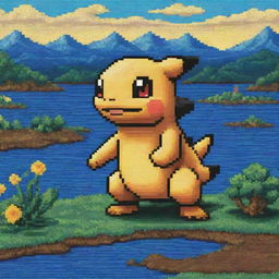 Create an 8-bit pixel art of a Pokemon reminiscent of Van Gogh's artistic style.