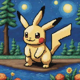 Create an 8-bit pixel art of a Pokemon reminiscent of Van Gogh's artistic style.