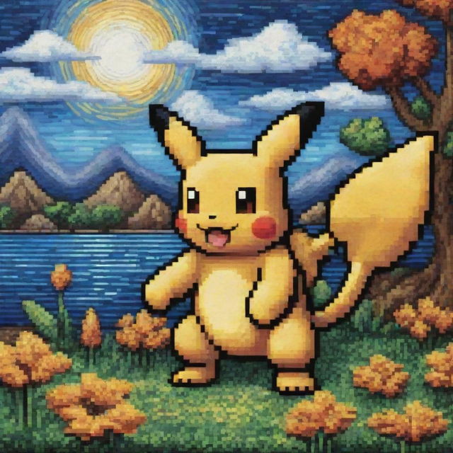 Create an 8-bit pixel art of a Pokemon reminiscent of Van Gogh's artistic style.