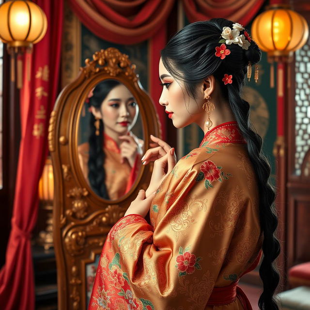 A beautiful ancient Chinese concubine getting dressed in an ornate and colorful silk robe, with delicate embroidery featuring dragons and flowers