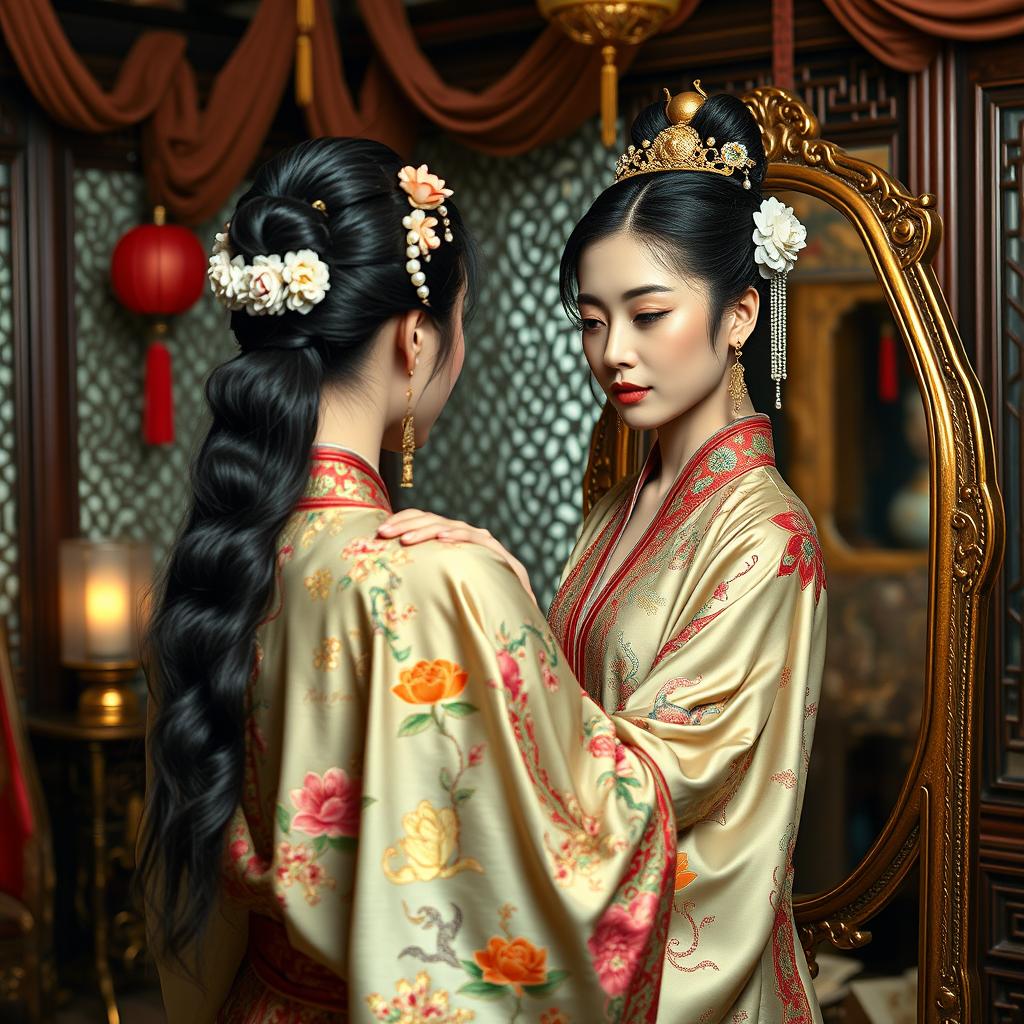 A beautiful ancient Chinese concubine getting dressed in an ornate and colorful silk robe, with delicate embroidery featuring dragons and flowers