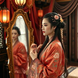 A beautiful ancient Chinese concubine getting dressed in an ornate and colorful silk robe, with delicate embroidery featuring dragons and flowers