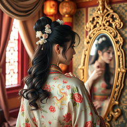 A beautiful ancient Chinese concubine getting dressed in an ornate and colorful silk robe, with delicate embroidery featuring dragons and flowers