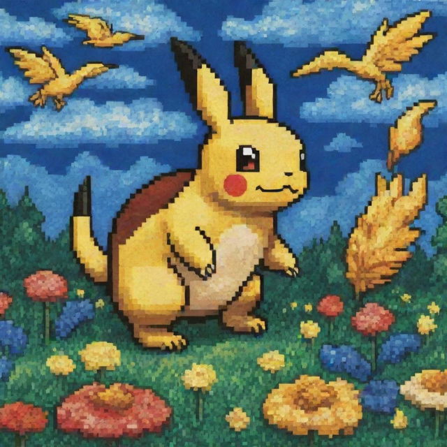 Design a Pokemon-inspired 8-bit pixel art with touches of Van Gogh's distinctive brushwork and color paradigm.