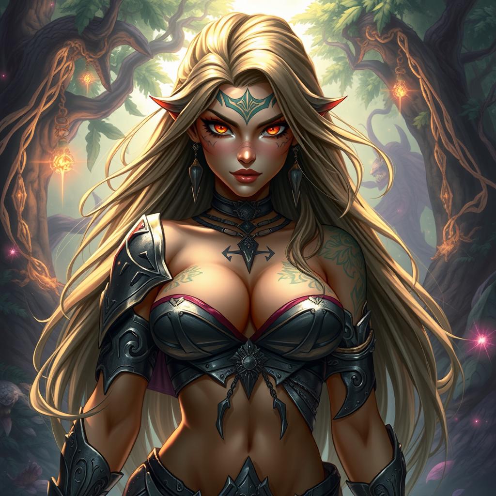 A captivating futa character depicted in a detailed fantasy setting, exuding a powerful and confident aura