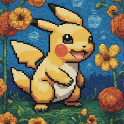 Design a Pokemon-inspired 8-bit pixel art with touches of Van Gogh's distinctive brushwork and color paradigm.