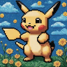 Design a Pokemon-inspired 8-bit pixel art with touches of Van Gogh's distinctive brushwork and color paradigm.