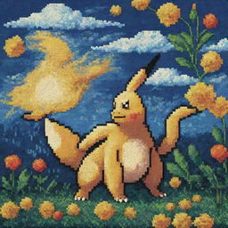 Design a Pokemon-inspired 8-bit pixel art with touches of Van Gogh's distinctive brushwork and color paradigm.