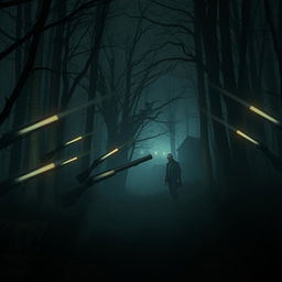 A dark, eerie forest scene at night with an atmospheric mist