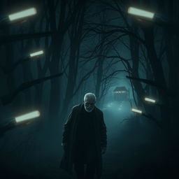A dark, eerie forest scene at night with an atmospheric mist