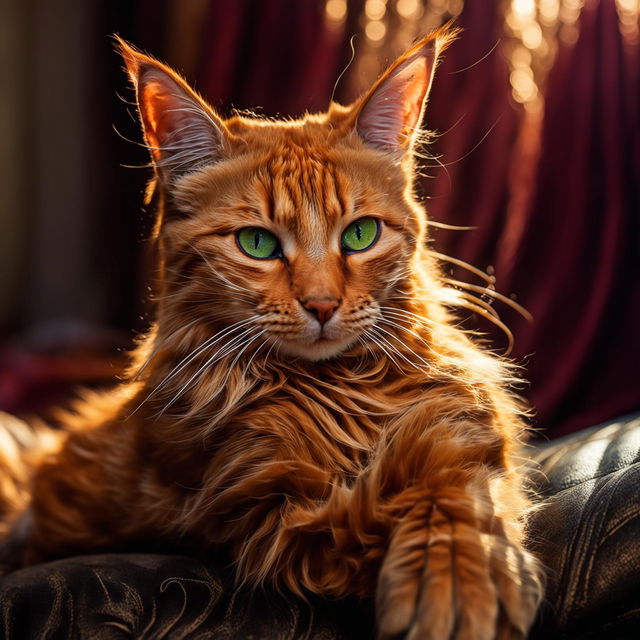 A high-resolution photograph of a realistic ginger cat with vibrant fur and striking green eyes, sitting in a relaxed pose.