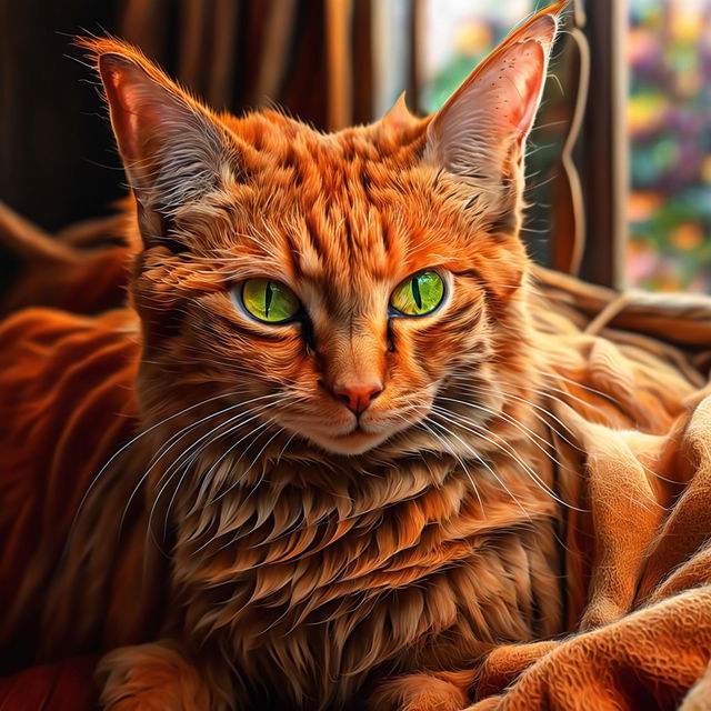 A detailed digital art portrait of a vibrant ginger cat with green eyes, sitting comfortably with its tail curled around its body