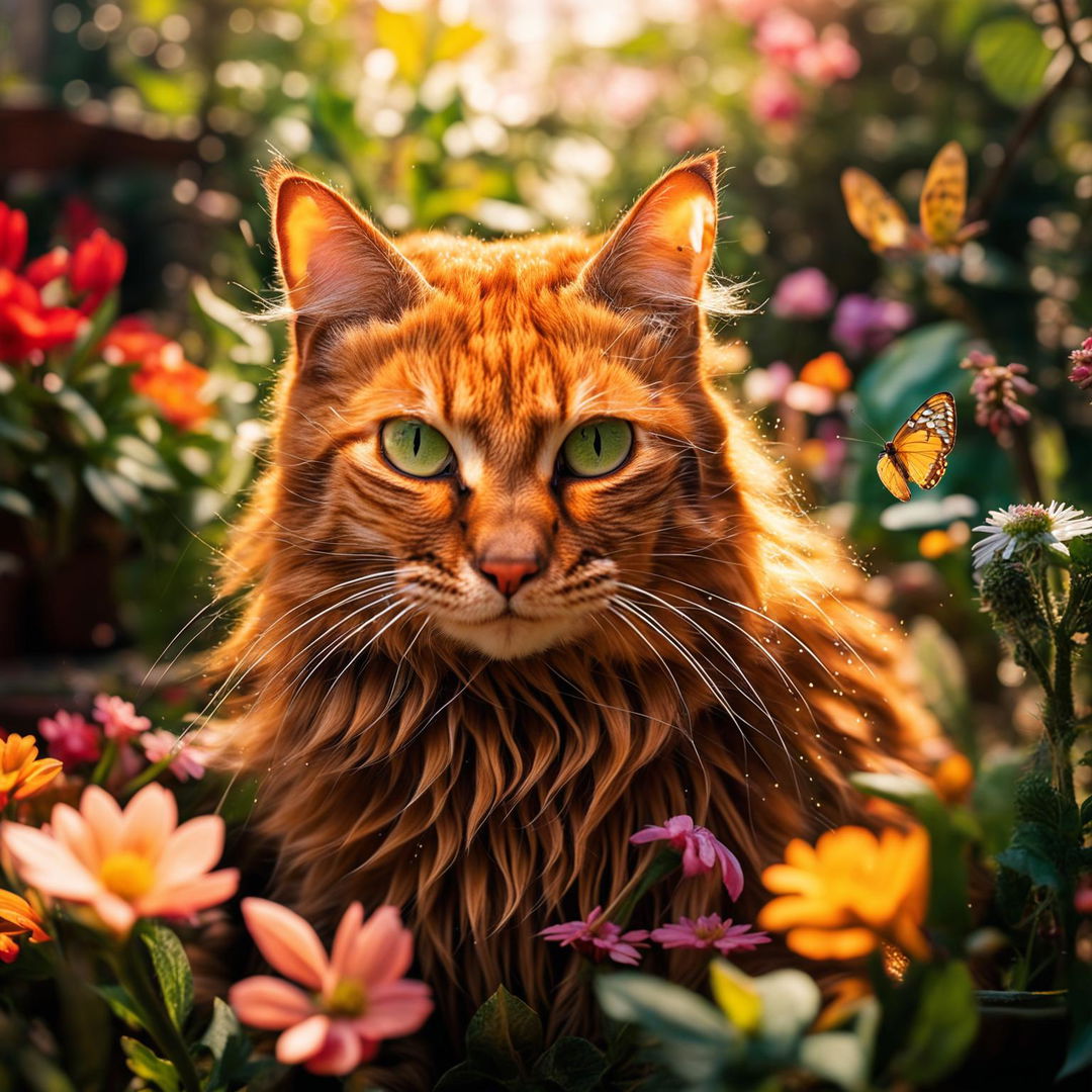 A vibrant ginger cat in a lush garden under dappled sunlight.