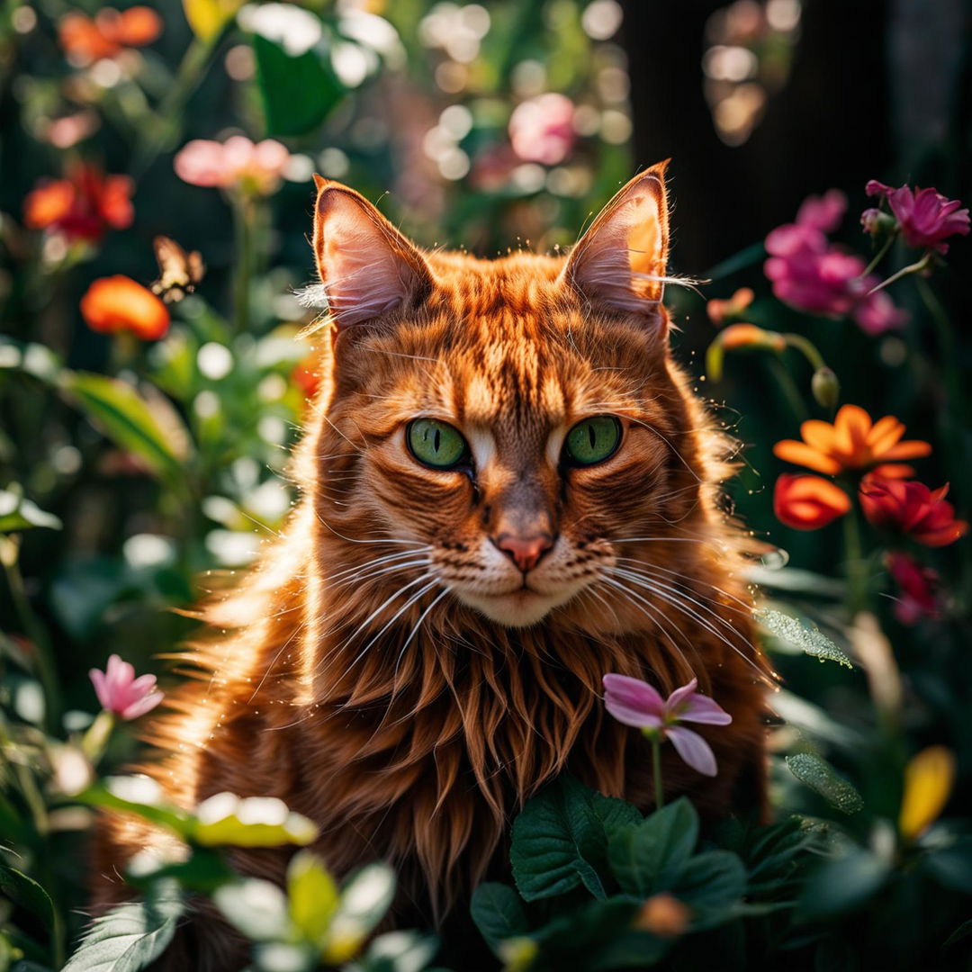 A vibrant ginger cat in a lush garden, shot with a Fujifilm X-T4 with XF 55mm f/2.8 R LM WR Lens.