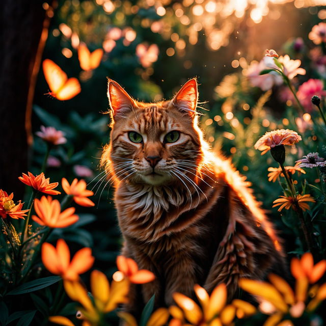 A vibrant ginger cat in a lush garden during golden hour, shot with a Fujifilm X-T4 with XF 55mm f/2.8 R LM WR Lens.