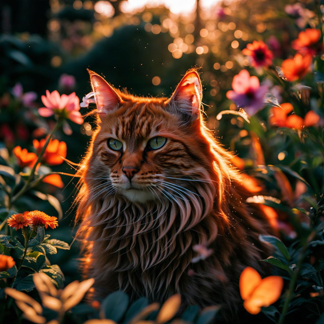 A fluffy ginger cat with blue eyes in a lush garden during golden hour, shot with a Fujifilm X-T4 with XF 55mm f/2