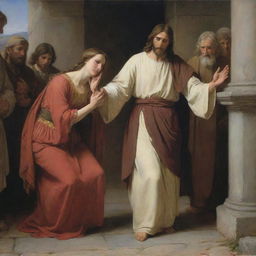 Christ forgiving the adulterous woman in the style of Carl Bloch