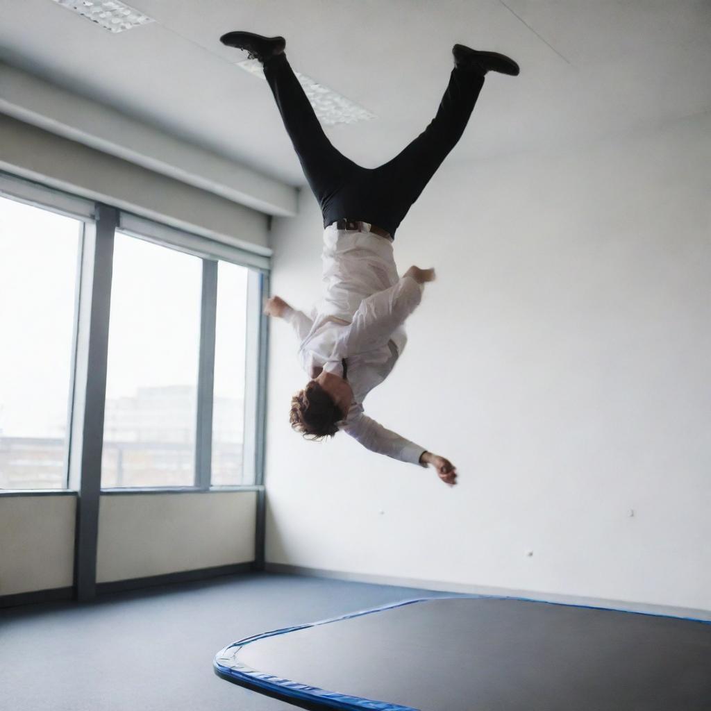 An office worker in formal attire, performing an energetic backflip on a trampoline situated in an open office environment.