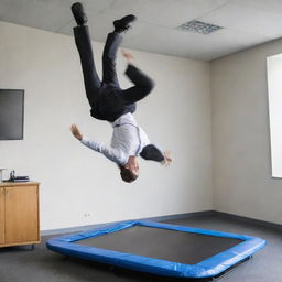 An office worker in formal attire, performing an energetic backflip on a trampoline situated in an open office environment.