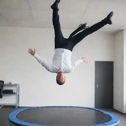 An office worker in formal attire, performing an energetic backflip on a trampoline situated in an open office environment.