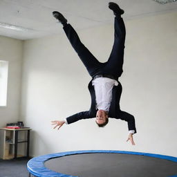 An office worker in formal attire, performing an energetic backflip on a trampoline situated in an open office environment.