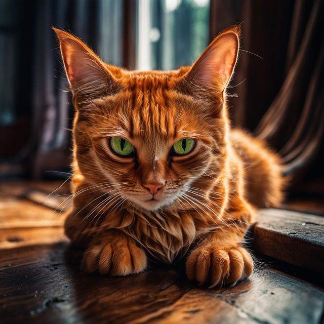 A detailed photograph of a vibrant ginger cat with green eyes in a cozy home setting.