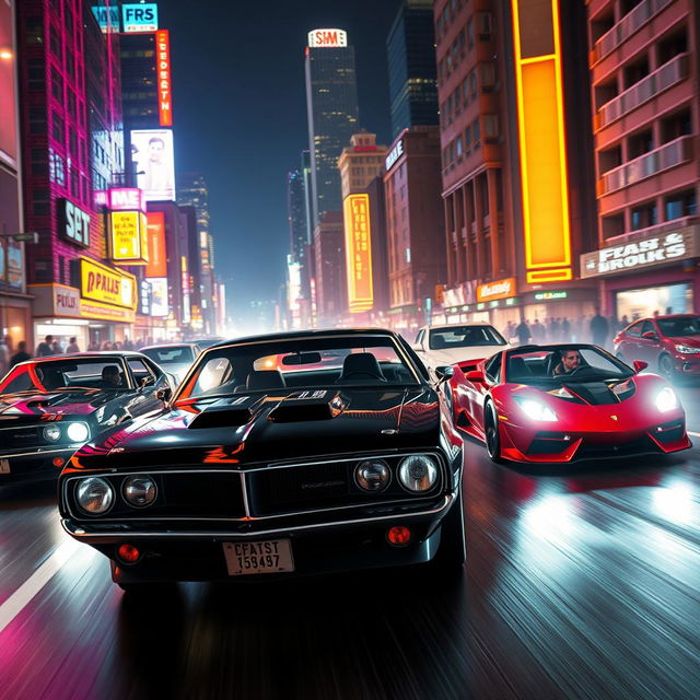 An exhilarating scene showcasing high-speed cars racing through a vibrant city at night, neon lights illuminating the sleek vehicles