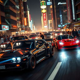An exhilarating scene showcasing high-speed cars racing through a vibrant city at night, neon lights illuminating the sleek vehicles