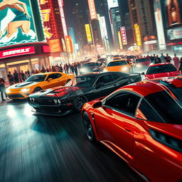 An exhilarating scene showcasing high-speed cars racing through a vibrant city at night, neon lights illuminating the sleek vehicles