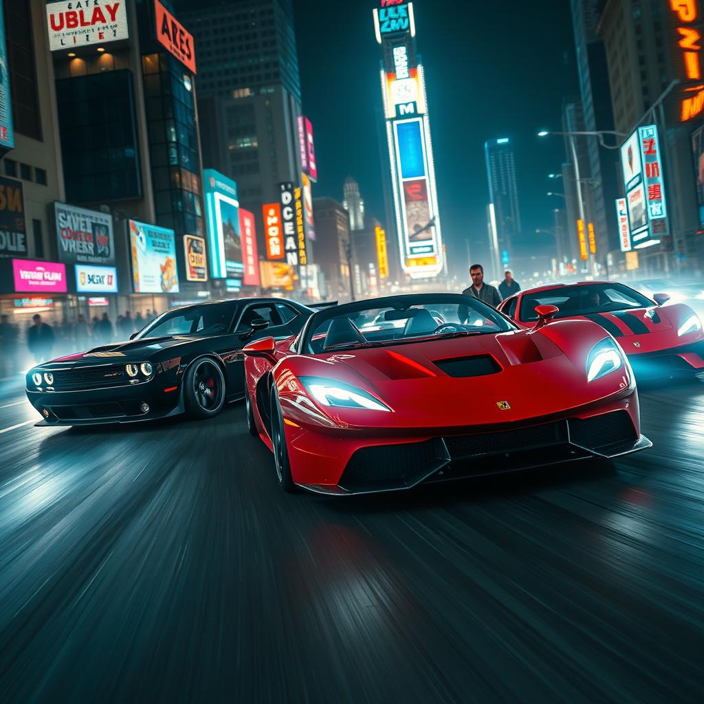 An exhilarating scene showcasing high-speed cars racing through a vibrant city at night, neon lights illuminating the sleek vehicles