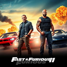 A gripping movie poster scene for the 2026 trailer of 'Fast & Furious 11', featuring Vin Diesel, Cody Walker, and Dwayne Johnson