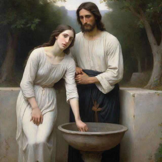 Christ and the woman at the well depicted in the style of William-Adolphe Bouguereau