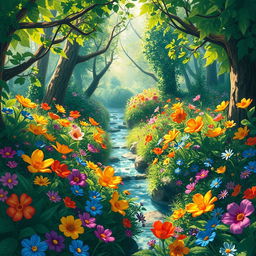 A whimsical and colorful fantasy forest filled with a variety of enchanting flora