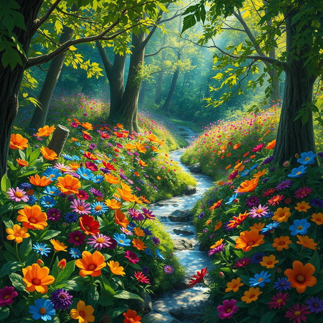 A whimsical and colorful fantasy forest filled with a variety of enchanting flora