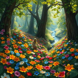 A whimsical and colorful fantasy forest filled with a variety of enchanting flora