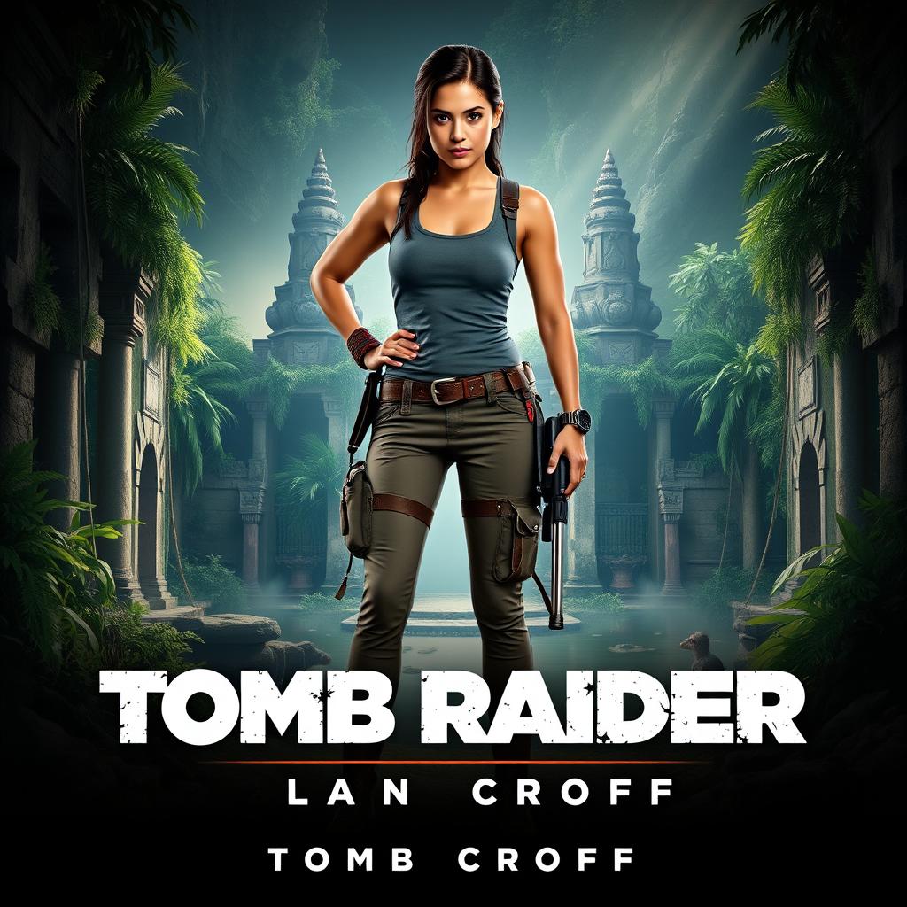 A captivating teaser poster for 'Tomb Raider: Lara Croft (2025)', featuring Jenna Ortega as the iconic character, Lara Croft