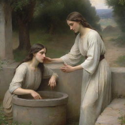 An image of Christ and the woman at the well, reminiscent of William-Adolphe Bouguereau's style