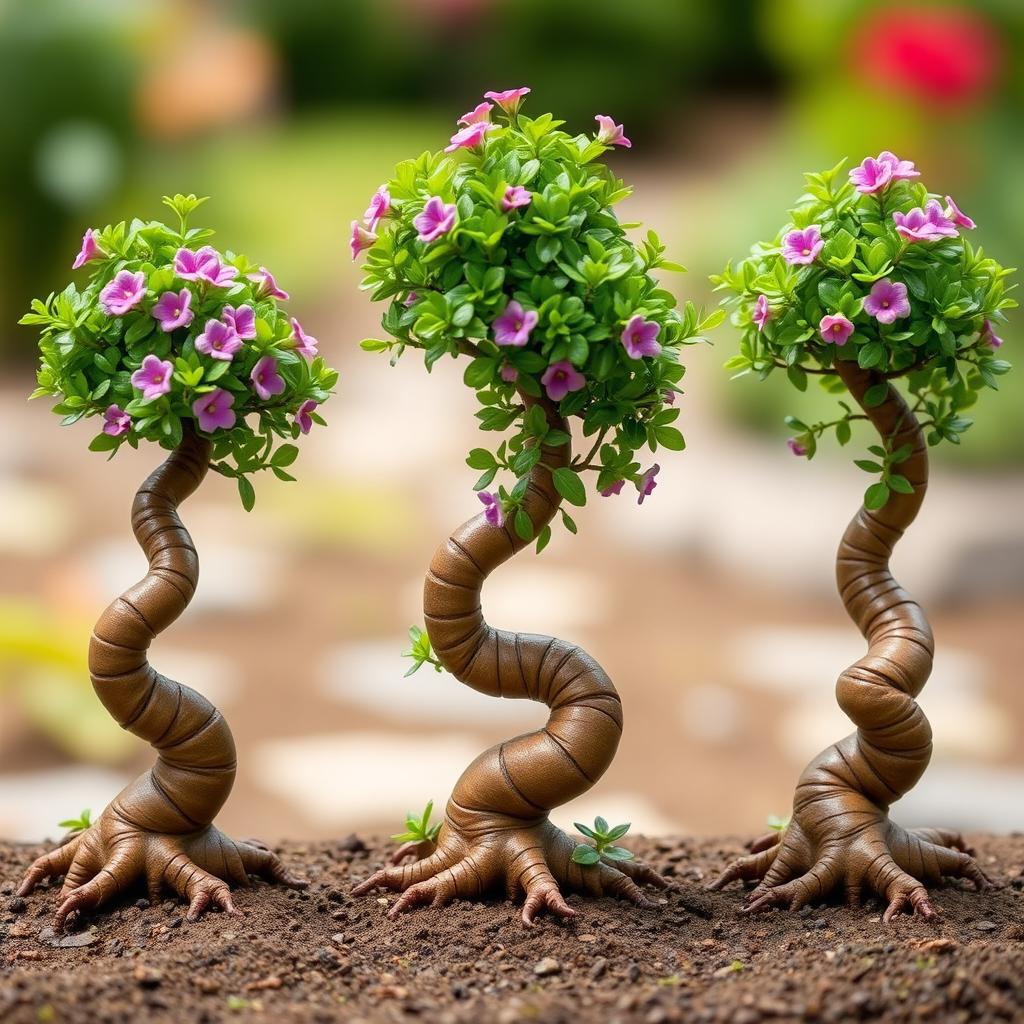 Three small Bonzi trees, each with a unique twist on their growth patterns