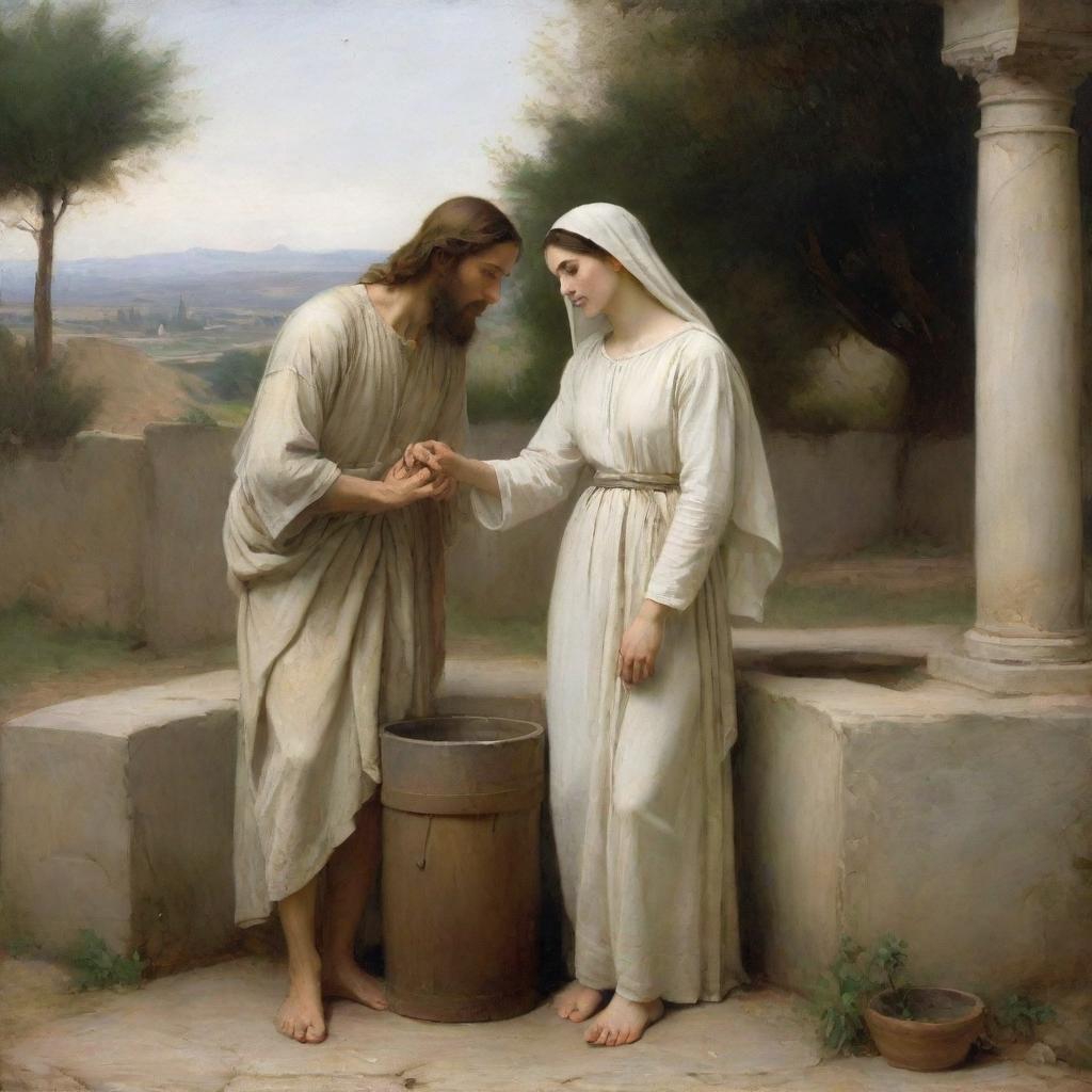 An image of Christ and the woman at the well, reminiscent of William-Adolphe Bouguereau's style