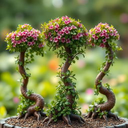 Three small Bonzi trees, each with a unique twist on their growth patterns