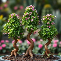 Three small Bonzi trees, each with a unique twist on their growth patterns