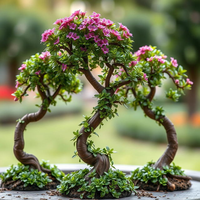 Three small Bonzi trees, each with a unique twist on their growth patterns