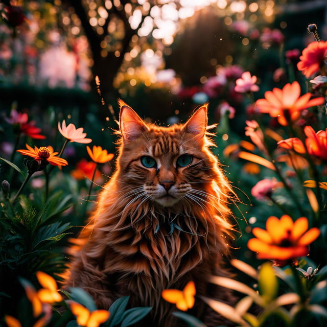 A fluffy ginger cat with blue eyes in a lush garden during golden hour, shot with a Fujifilm X-T4 with XF 16mm f/2