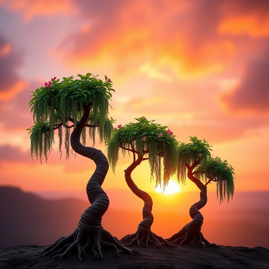 Three small Bonzi trees gracefully positioned against a breathtaking sunrise backdrop