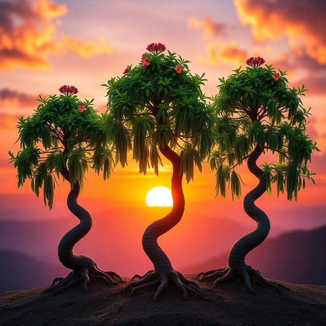 Three small Bonzi trees gracefully positioned against a breathtaking sunrise backdrop