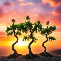 Three small Bonzi trees gracefully positioned against a breathtaking sunrise backdrop