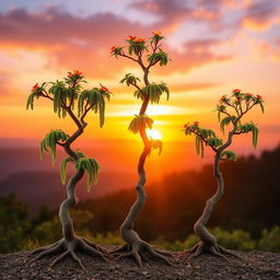 Three small Bonzi trees gracefully positioned against a breathtaking sunrise backdrop