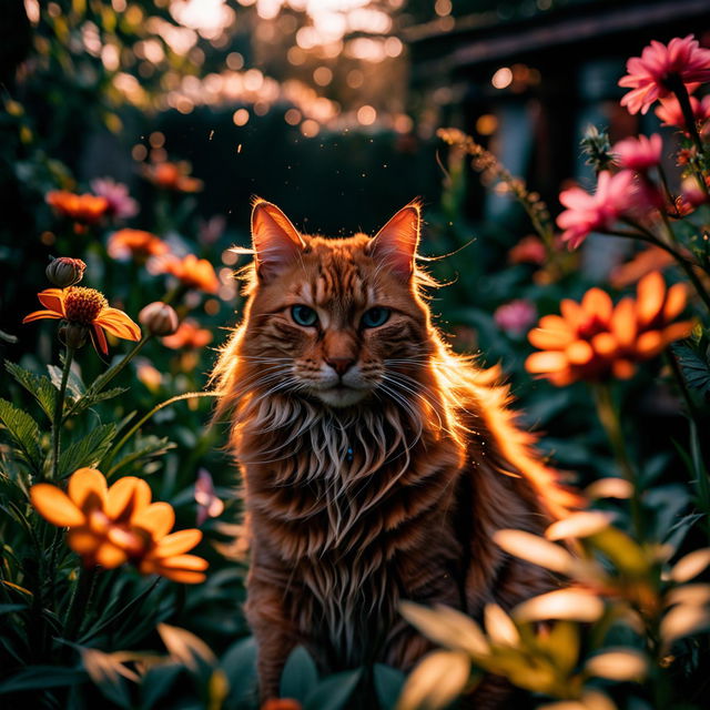 A fluffy ginger cat with blue eyes in a lush garden during golden hour, shot with a Fujifilm X-T4 with XF 16mm f/2